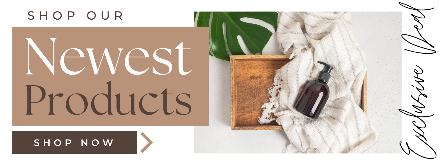 Shop Our New Products Website Banner Tan & Brown